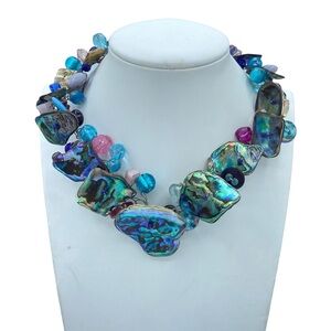 Statement wire necklace handmade artist made abalone shell glass beads blue aqua